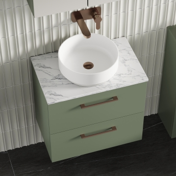 Nuie Arno Wall Hung 2-Drawer Vanity Unit with Carrera Marble Worktop 600mm Wide - Satin Green | Product Image