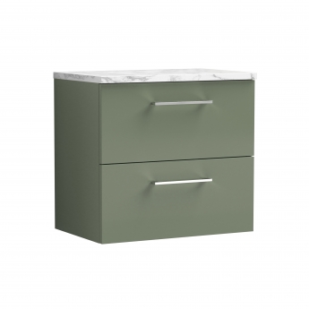 Nuie Arno Wall Hung 2-Drawer Vanity Unit with Carrera Marble Worktop 600mm Wide - Satin Green | Product Image