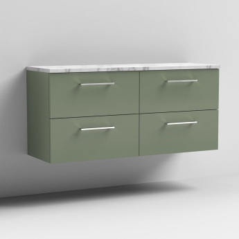 Nuie Arno Wall Hung 4-Drawer Vanity Unit with Carrera Marble Worktop 1200mm Wide - Satin Green | Product Image
