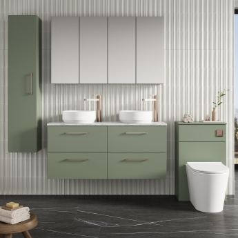 Nuie Arno Wall Hung 4-Drawer Vanity Unit with Carrera Marble Worktop 1200mm Wide - Satin Green | Product Image