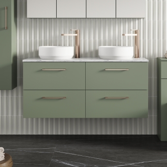 Nuie Arno Wall Hung 4-Drawer Vanity Unit with Carrera Marble Worktop 1200mm Wide - Satin Green | Product Image