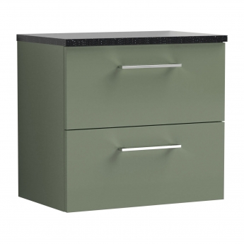 Nuie Arno Wall Hung 2-Drawer Vanity Unit with Sparkling Black Worktop 600mm Wide - Satin Green
