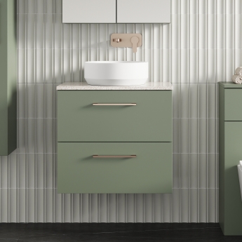 Nuie Arno Wall Hung 2-Drawer Vanity Unit with Sparkling White Worktop 600mm Wide - Satin Green