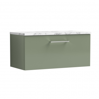Nuie Arno Wall Hung 1-Drawer Vanity Unit with Carrera Marble Worktop 800mm Wide - Satin Green | Product Image