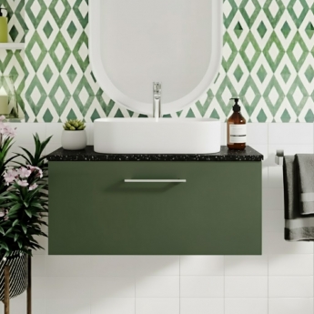 Nuie Arno Wall Hung 1-Drawer Vanity Unit with Sparkling Black Worktop 800mm Wide - Satin Green