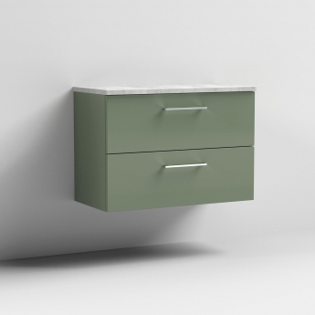 Nuie Arno Wall Hung 2-Drawer Vanity Unit with Bellato Grey Worktop 800mm Wide - Satin Green