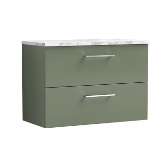 Nuie Arno Wall Hung 2-Drawer Vanity Unit with Carrera Marble Worktop 800mm Wide - Satin Green | Product Image