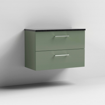 Nuie Arno Wall Hung 2-Drawer Vanity Unit with Sparkling Black Worktop 800mm Wide - Satin Green