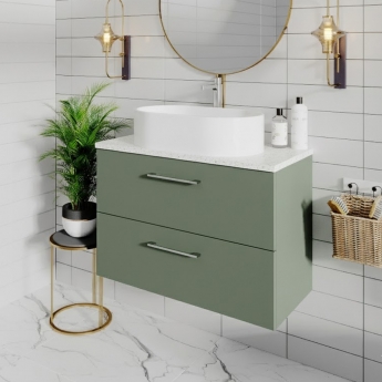 Nuie Arno Wall Hung 2-Drawer Vanity Unit with Sparkling White Worktop 800mm Wide - Satin Green