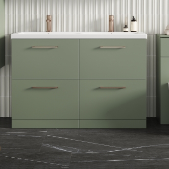 Nuie Arno Floor Standing 4-Drawer Vanity Unit with Double Ceramic Basin 1200mm Wide - Satin Green | Product Image