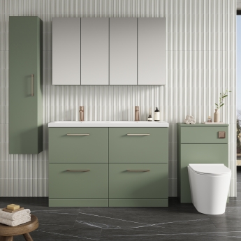 Nuie Arno Floor Standing 4-Drawer Vanity Unit with Double Ceramic Basin 1200mm Wide - Satin Green | Product Image