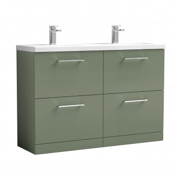Nuie Arno Floor Standing 4-Drawer Vanity Unit with Double Ceramic Basin 1200mm Wide - Satin Green | Product Image