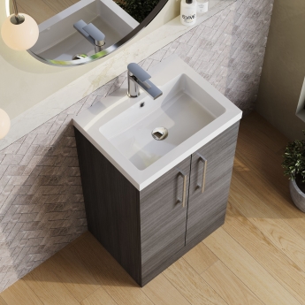 Nuie Arno Compact Floor Standing 2-Door Vanity Unit with Polymarble Basin 500mm Wide - Anthracite Woodgrain | Product Image
