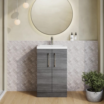 Nuie Arno Compact Floor Standing 2-Door Vanity Unit with Ceramic Basin 500mm Wide - Anthracite Woodgrain