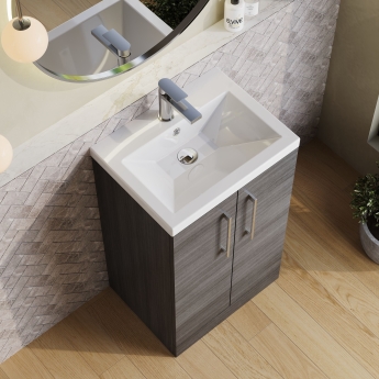 Nuie Arno Compact Floor Standing 2-Door Vanity Unit with Ceramic Basin 500mm Wide - Anthracite Woodgrain | Product Image