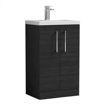 Nuie Arno Compact Floor Standing 2-Door Vanity Unit with Ceramic Basin 500mm Wide - Charcoal Black Woodgrain