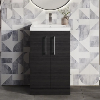 Nuie Arno Compact Floor Standing 2-Door Vanity Unit with Ceramic Basin 500mm Wide - Charcoal Black Woodgrain