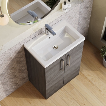 Nuie Arno Compact Floor Standing 2-Door Vanity Unit with Polymarble Basin 600mm Wide - Anthracite Woodgrain | Product Image