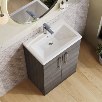 Nuie Arno Compact Floor Standing 2-Door Vanity Unit with Ceramic Basin 600mm Wide - Anthracite Woodgrain | Product Image