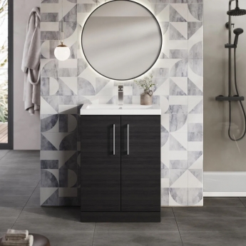 Nuie Arno Compact Floor Standing 2-Door Vanity Unit with Polymarble Basin 600mm Wide - Charcoal Black Woodgrain