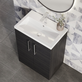 Nuie Arno Compact Floor Standing 2-Door Vanity Unit with Polymarble Basin 600mm Wide - Charcoal Black Woodgrain | Product Image