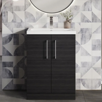 Nuie Arno Compact Floor Standing 2-Door Vanity Unit with Ceramic Basin 600mm Wide - Charcoal Black Woodgrain