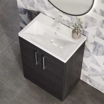 Nuie Arno Compact Floor Standing 2-Door Vanity Unit with Ceramic Basin 600mm Wide - Charcoal Black Woodgrain | Product Image
