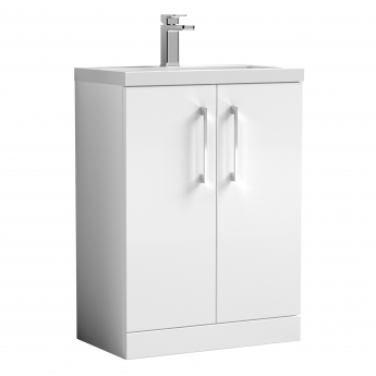 Nuie Arno Compact Floor Standing 2-Door Vanity Unit with Polymarble Basin 600mm Wide - Gloss White