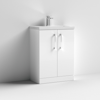 Nuie Arno Compact Floor Standing 2-Door Vanity Unit with Ceramic Basin 600mm Wide - Gloss White