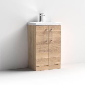 Nuie Arno Compact Floor Standing 2-Door Vanity Unit with Polymarble Basin 500mm Wide - Bleached Oak | Product Image