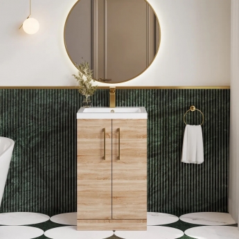 Nuie Arno Compact Floor Standing 2-Door Vanity Unit with Polymarble Basin 500mm Wide - Bleached Oak | Product Image