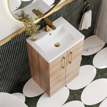 Nuie Arno Compact Floor Standing 2-Door Vanity Unit with Polymarble Basin 500mm Wide - Bleached Oak | Product Image