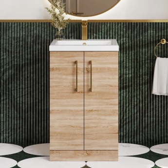 Nuie Arno Compact Floor Standing 2-Door Vanity Unit with Ceramic Basin 500mm Wide - Bleached Oak | Product Image