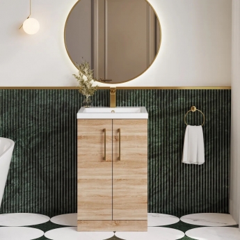 Nuie Arno Compact Floor Standing 2-Door Vanity Unit with Ceramic Basin 500mm Wide - Bleached Oak | Product Image