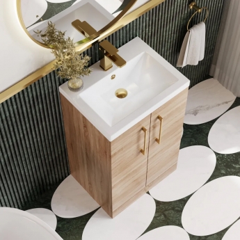 Nuie Arno Compact Floor Standing 2-Door Vanity Unit with Ceramic Basin 500mm Wide - Bleached Oak | Product Image