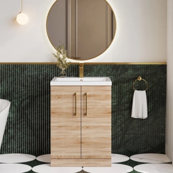 Nuie Arno Compact Floor Standing 2-Door Vanity Unit with Polymarble Basin 600mm Wide - Bleached Oak | Product Image