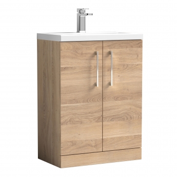 Nuie Arno Compact Floor Standing 2-Door Vanity Unit with Ceramic Basin 600mm Wide - Bleached Oak