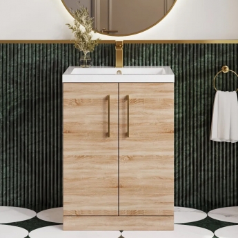 Nuie Arno Compact Floor Standing 2-Door Vanity Unit with Ceramic Basin 600mm Wide - Bleached Oak