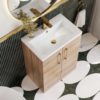 Nuie Arno Compact Floor Standing 2-Door Vanity Unit with Ceramic Basin 600mm Wide - Bleached Oak
