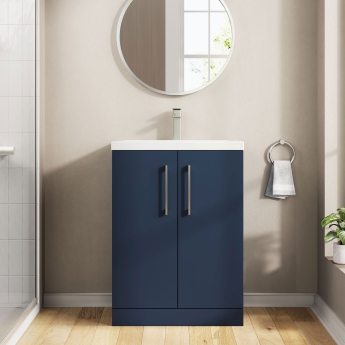 Nuie Arno Compact Floor Standing 2-Door Vanity Unit with Ceramic Basin 600mm Wide - Midnight Blue | Product Image