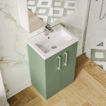 Nuie Arno Compact Floor Standing 2-Door Vanity Unit with Polymarble Basin 500mm Wide - Satin Green | Product Image
