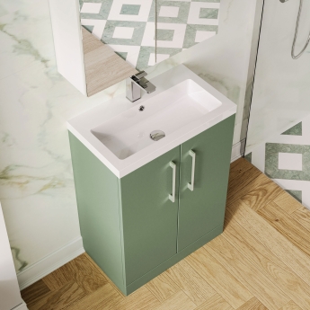 Nuie Arno Compact Floor Standing 2-Door Vanity Unit with Polymarble Basin 600mm Wide - Satin Green | Product Image