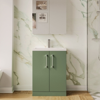 Nuie Arno Compact Floor Standing 2-Door Vanity Unit with Polymarble Basin 600mm Wide - Satin Green | Product Image