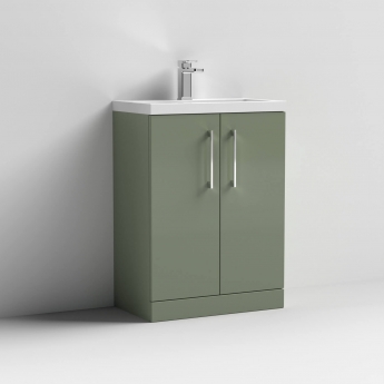 Nuie Arno Compact Floor Standing 2-Door Vanity Unit with Ceramic Basin 600mm Wide - Satin Green | Product Image