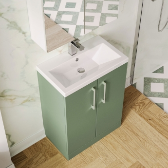 Nuie Arno Compact Floor Standing 2-Door Vanity Unit with Ceramic Basin 600mm Wide - Satin Green | Product Image