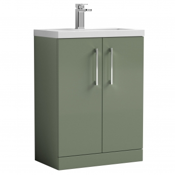 Nuie Arno Compact Floor Standing 2-Door Vanity Unit with Ceramic Basin 600mm Wide - Satin Green | Product Image