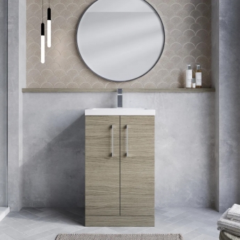 Nuie Arno Compact Floor Standing 2-Door Vanity Unit with Polymarble Basin 500mm Wide - Solace Oak Woodgrain
