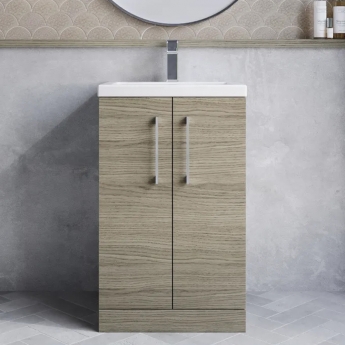 Nuie Arno Compact Floor Standing 2-Door Vanity Unit with Ceramic Basin 500mm Wide - Solace Oak Woodgrain