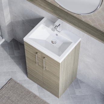 Nuie Arno Compact Floor Standing 2-Door Vanity Unit with Ceramic Basin 500mm Wide - Solace Oak Woodgrain | Product Image