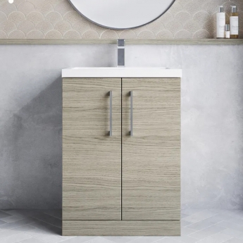 Nuie Arno Compact Floor Standing 2-Door Vanity Unit with Polymarble Basin 600mm Wide - Solace Oak Woodgrain